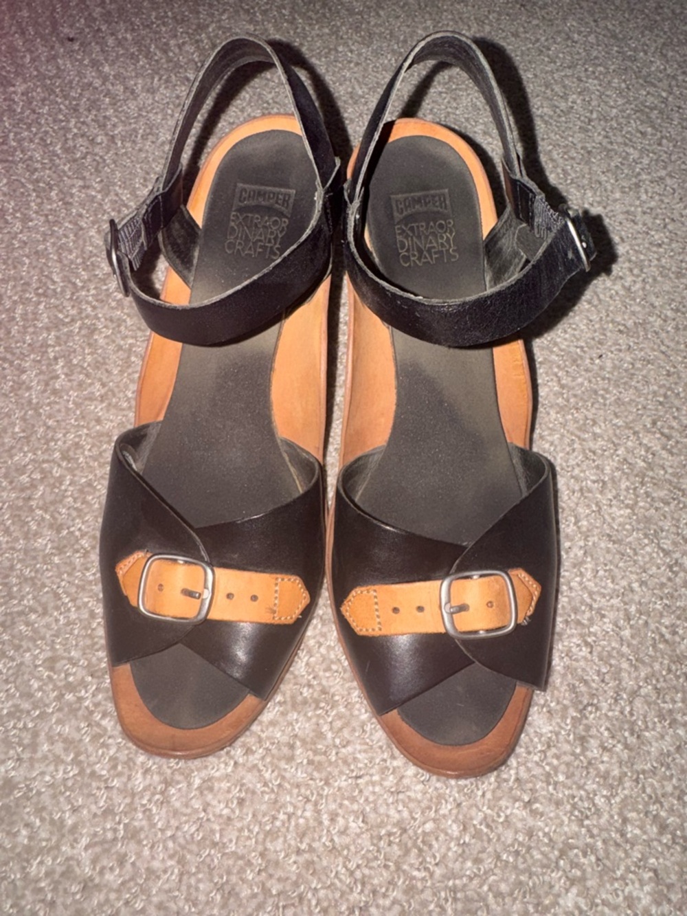 Camper Black and Tan Leather Buckle Slingback Sandals